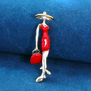 Elegant Red and Gold Woman Figure Brooch